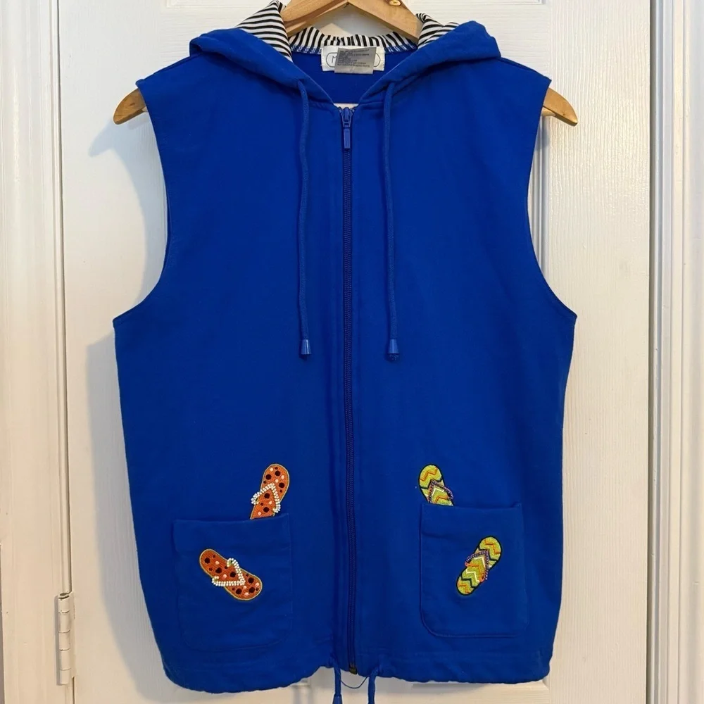 Mandal Bay Full Zip Sleeveless Vest Blue Embroidered Hooded Vest 100% Cotton SP - Picture 1 of 7